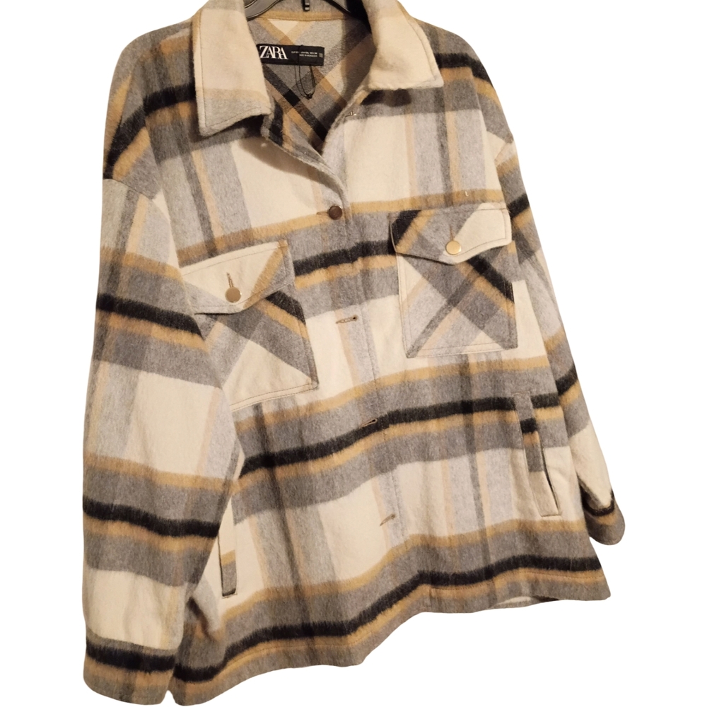 Zara Plaid Shacket in Cream, Gray & Brown Tones - Picture 2 of 10